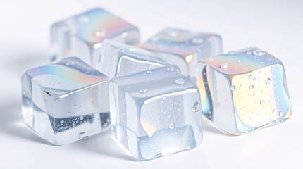 Transparent ice cubes with water droplets, refreshing and cooling concept.