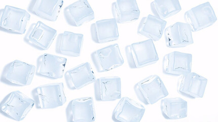 Transparent ice cubes with water droplets, refreshing and cooling concept.