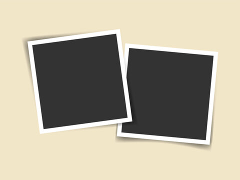 Two square photo frames collage with shadows. Realistic vector overlapping blank photos. Isolated vector mockup. Great for social media, scrapbooking, gallery design, digital photo album layout