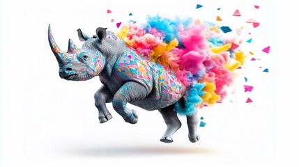 Obraz premium Colorful rhino illustration with cloud of vibrant paint behind it