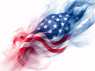 American flag with smoke effect, stars and stripes, red, white, blue colors.