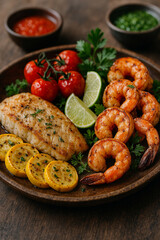 Fototapeta premium Healthy Grilled Seafood Platter with Shrimp, White Fish, and Vegetables