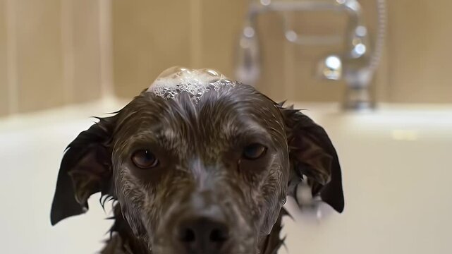 A wet dog covered in soap bubbles sits in a white bathtub Generative AI