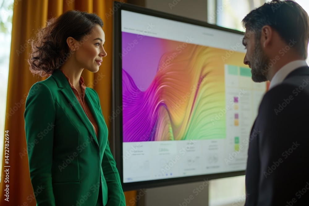 Poster two business professionals review colorful data visualizations displayed on a large screen during a 