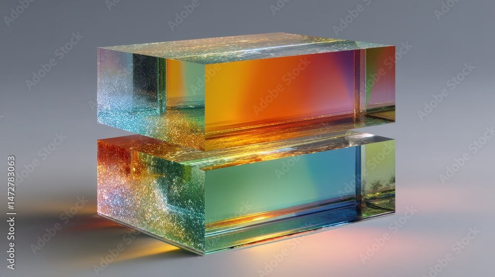 Poster layered translucent color fields on mirrored silver background in a modern artistic style.