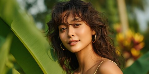 Posing woman with brown curly hair wearing a yellow top. Tropical vegetation
