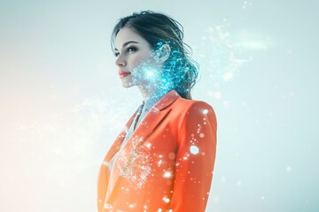 A woman in an orange blazer, with a digital network overlaying her, symbolizes innovation and technological advancement in business.