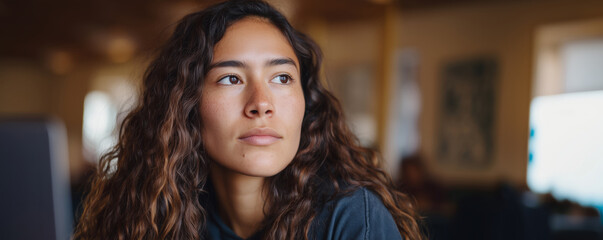 Fototapeta premium Thoughtful young hispanic female in casual setting with wavy hair