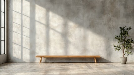 A serene and minimalist indoor setting with a wooden bench, illuminated by natural light coming through the large window, promoting tranquility and relaxation in design.