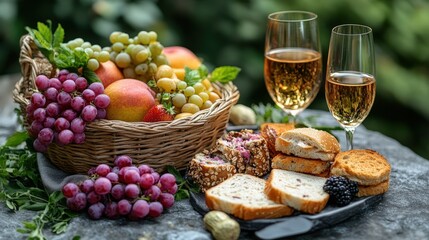 Fresh fruit, bread, and drinks on a patio.