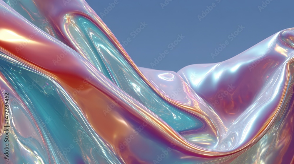 Poster surreal chrome curves with an opalescent finish and floating blue elements in a striking visual comp