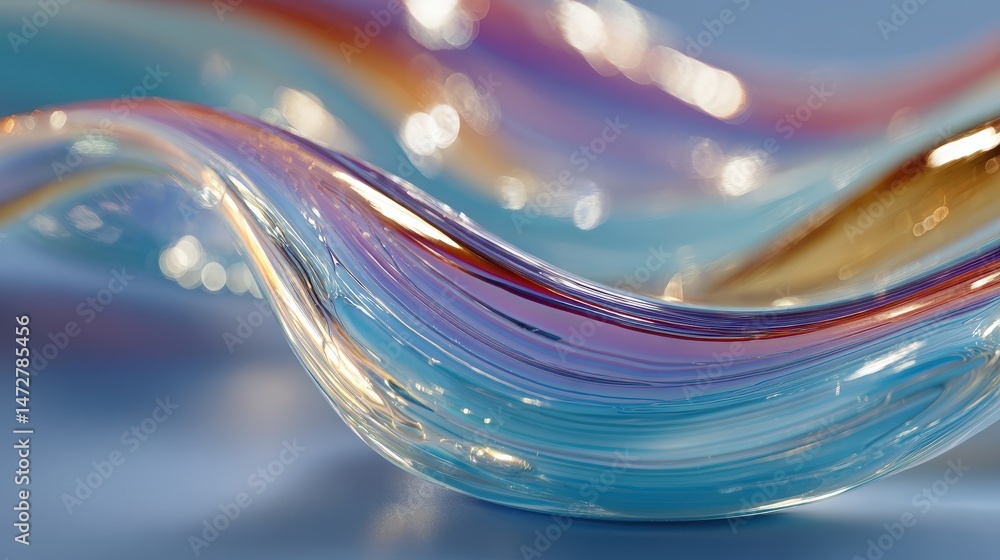 Poster surreal chrome curves with opalescent effects and floating blue elements create a visually captivati