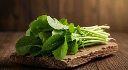 Fresh Bok Choy Greens Presented on Rustic Wooden Cutting Board