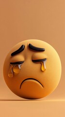 Crying emoji with tears. Yellow with black accents. Sad, downcast, expressive