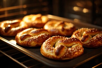 Pretzels baking in oven, golden and sugared. For food blog or recipe illustration