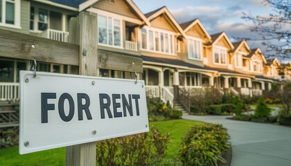 Obraz premium For Rent sign with row of houses and green lawn behind a white picket fence