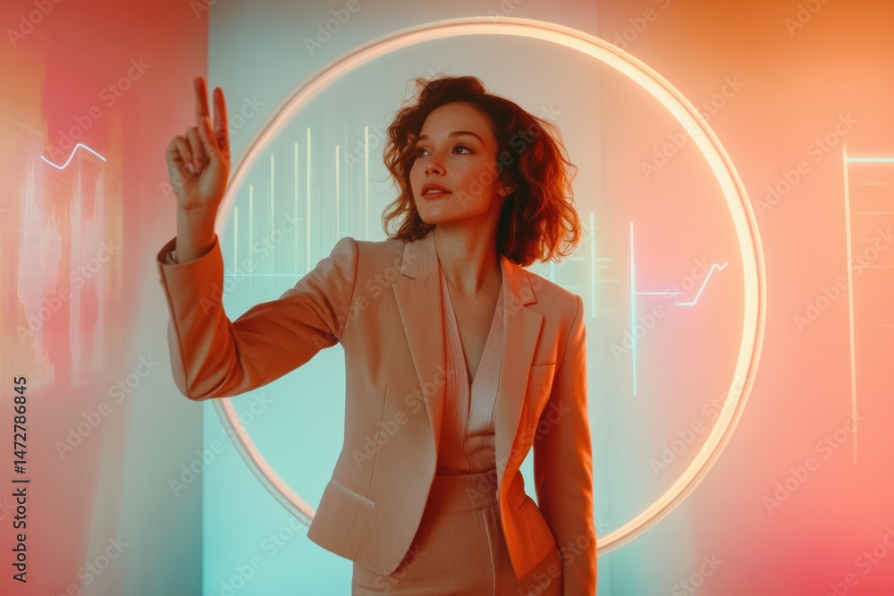 Poster a woman in a beige blazer interacts with a futuristic holographic interface displaying data graphs.
