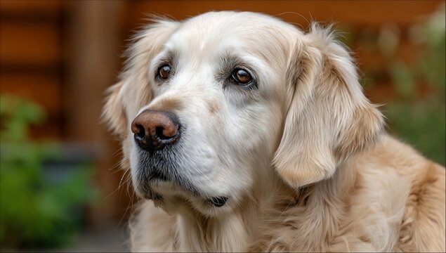 Golden retriever posing, outdoors. Calm backyard scene. Use animal photography
