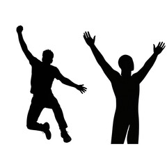 Silhouetted figures with raised arms in celebration and triumphant pose