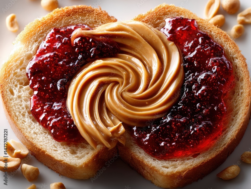 Poster swirled peanut butter and jelly spread on toast with nuts and a whimsical presentation for a tasty s