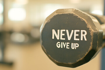Motivational fitness: A close-up of a dumbbell with the encouraging words "Never Give Up" printed, inspiring determination and persistence in exercise.