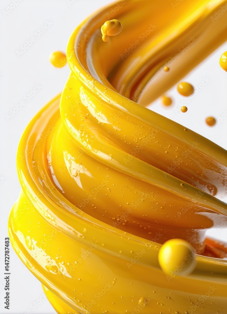 Poster swirling bright yellow liquid forming waves and splashes against a soft white background capturing m