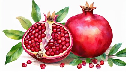 vintage style watercolor pomegranate fruits hand drawn illustration on white background pomegranate fruit whole and half and green leaves