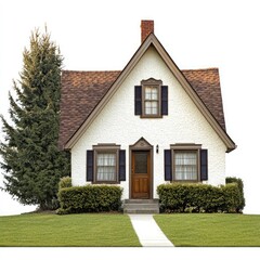 Front view of white stucco house with gable roof on manicured lawn and stone pathway