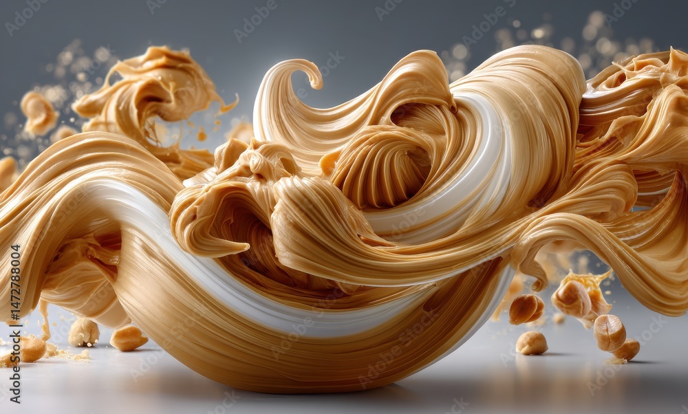 Poster swirling creamy caramel swirls with golden undertones in a captivating abstract design on a soft gra