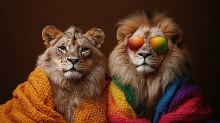 A playful and captivating scene of two regal lions wrapped in vibrant, colorful blankets and sunglasses, showcasing their majestic nature while also adding a humorous twist to wildlife photography.