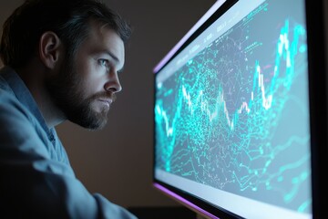 A man intently studies a large monitor displaying complex, dynamic financial data and graphs.