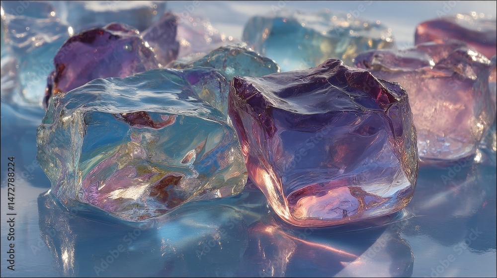 Poster ice blue and lavender colors reflect on translucent molten surfaces, creating a mesmerizing visual e