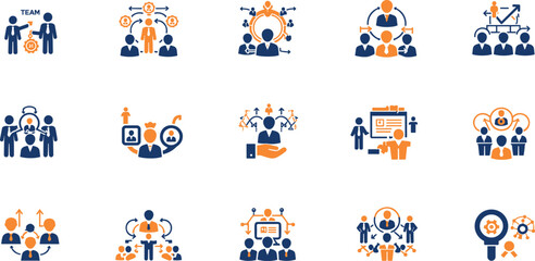 Fototapeta premium Teamwork icon set. Collection of cooperation, team target, leadership, collaboration and more. Vector illustration