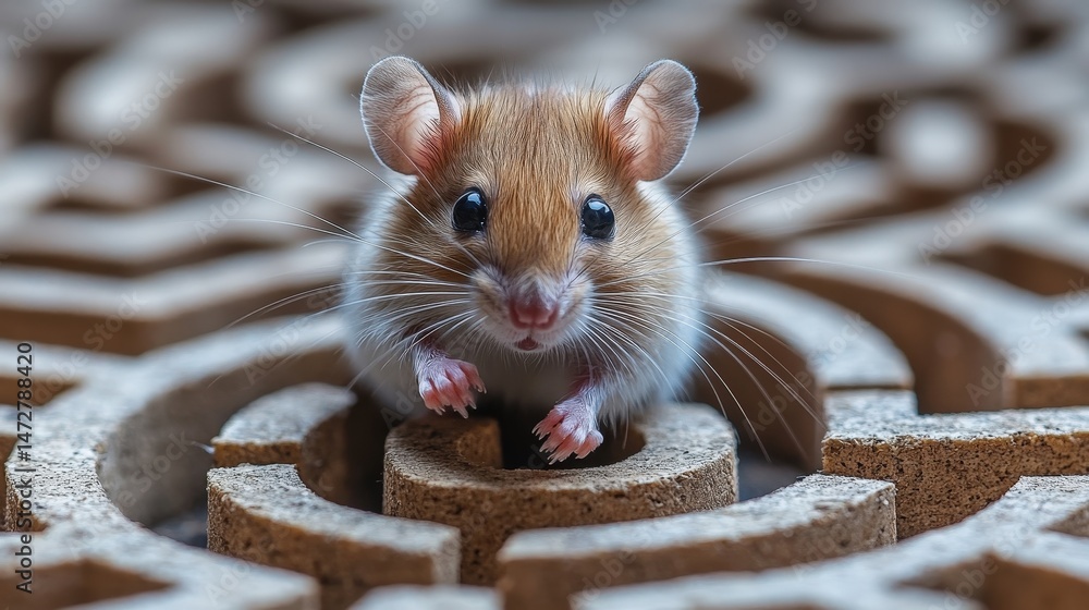 Poster close-up view of a small rodent within a complex maze.