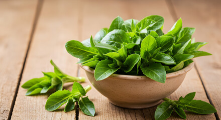 Fresh Green Basil Leaves in Ceramic Bowl on Rustic Wooden Table