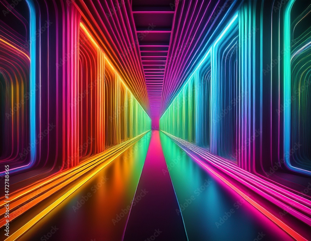 Canvas Prints a long hallway with neon lights and a rainbow of colors by ai generated image