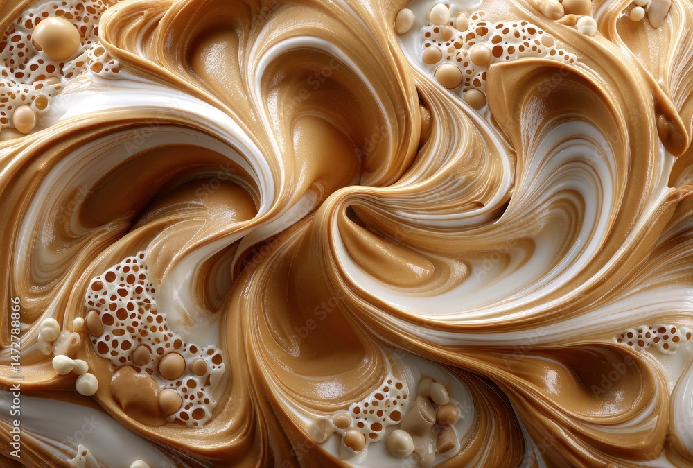 Poster swirling patterns of creamy caramel and whipped cream with bubbles and textures in a beautiful abstr