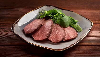 Fototapeta premium famous food of mongolian concept sliced meat on a plate with green garnish on a wooden surface