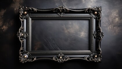 ornate black baroque style picture frame against a dark textured background evoking a gothic elegant and vintage atmosphere