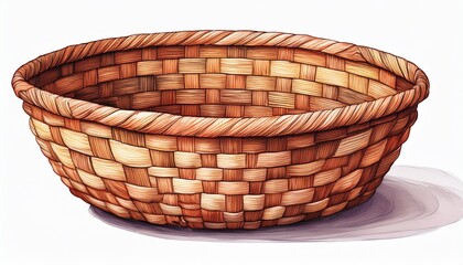 an isolated woven basket is the subject of this watercolor illustration on a white background