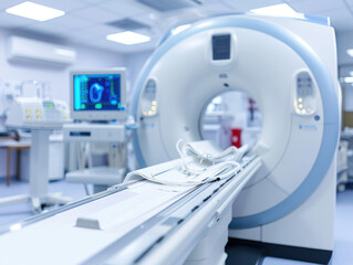 Modern medical imaging suite featuring a large CT scanner with a patient table and a monitor displaying a scan
