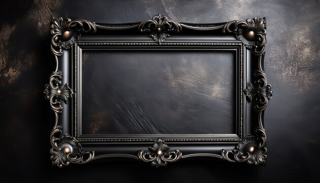 ornate black baroque style picture frame against a dark textured background evoking a gothic elegant and vintage atmosphere