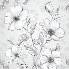 A beautiful black and white floral illustration, featuring detailed blossoms and leaves.