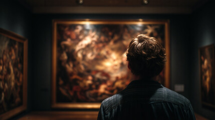 Persona observando una pintura clásica en galería de arte