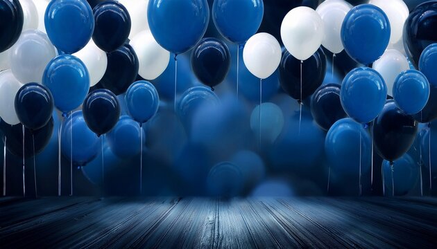 an animated background with dark blue and white balloons