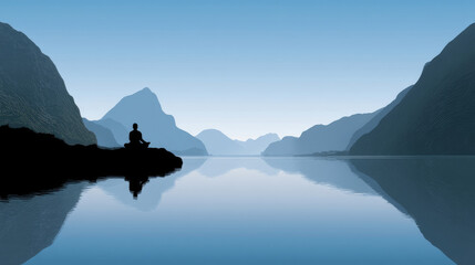 Serene figure meditates lakeside, mountains mirroring in calm water