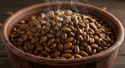 Fototapeta premium Steaming Bowl of Roasted Grain In Brown Bowl Close Up View