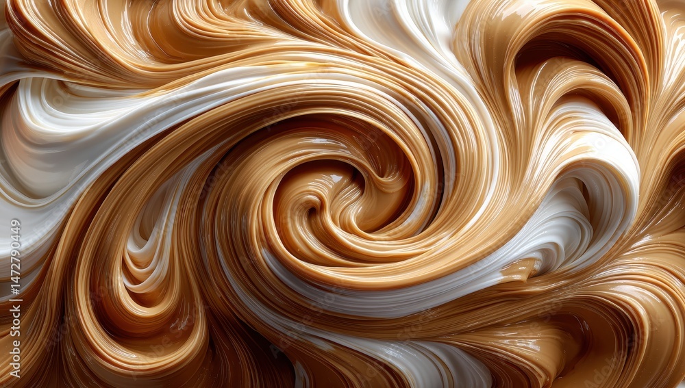 Poster swirls of creamy peanut butter blended with smooth white filling creating a visually appealing abstr
