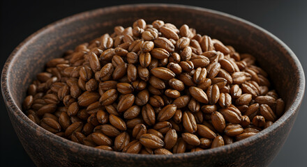Fototapeta premium Roasted Malt Grains Overflowing Rustic Bowl Against Dark Background Still Life