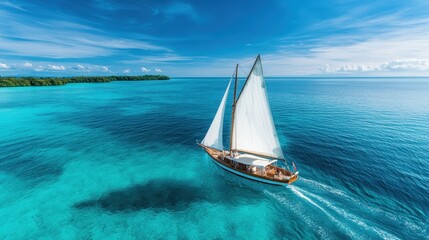 Obraz premium A picturesque sailing boat navigating through clear turquoise waters, capturing the essence of adventure and the beauty of nature in a serene and tranquil seascape.